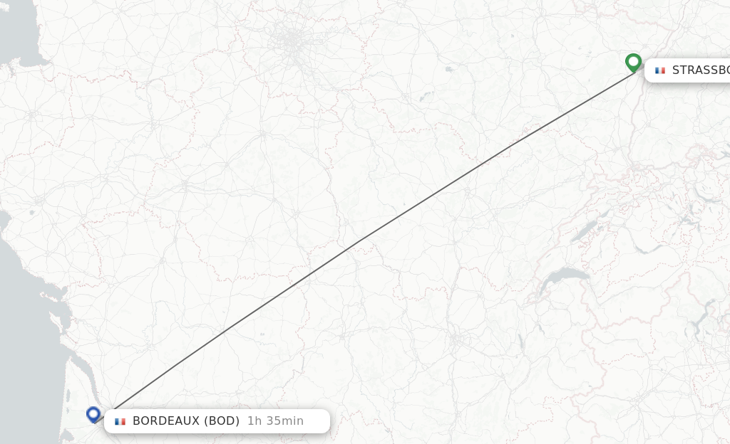 Flights from Strasbourg to Bordeaux route map