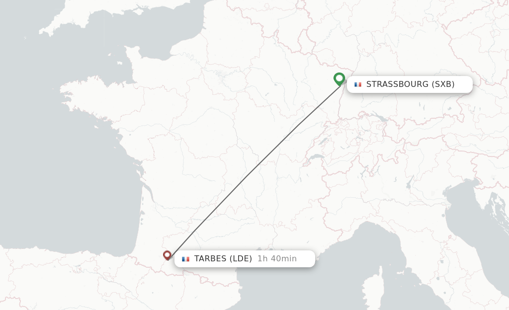 Flights from Strasbourg to Lourdes route map