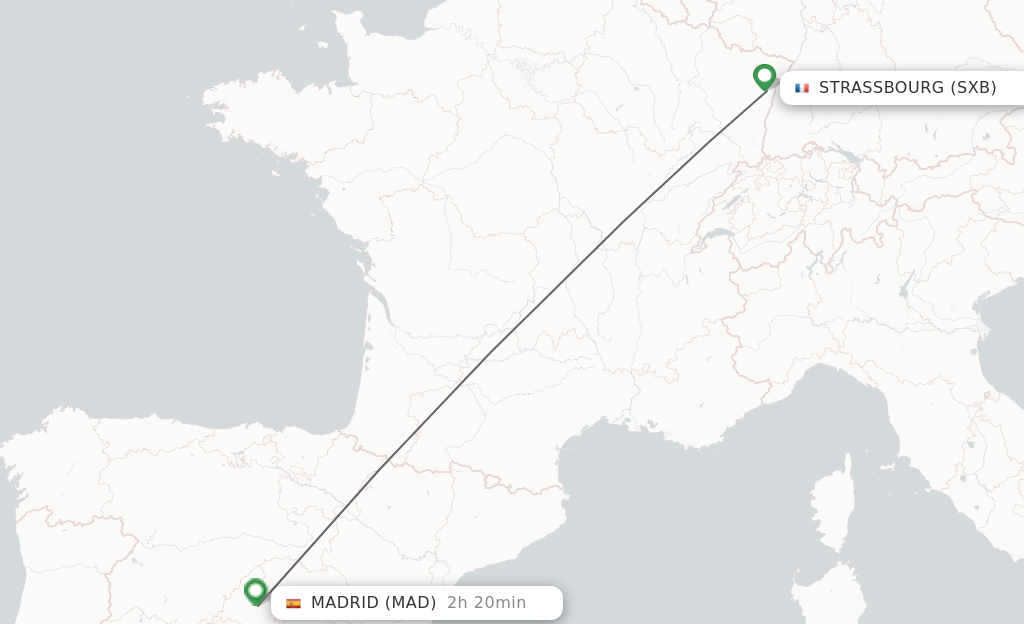Flights from Strasbourg to Madrid route map