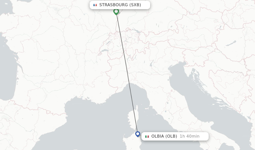 Flights from Strasbourg to Olbia route map