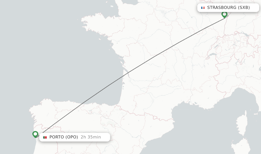 Flights from Strasbourg to Porto route map