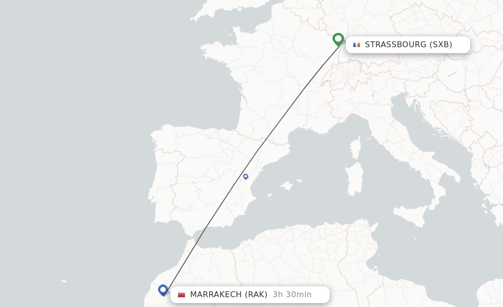 Flights from Strasbourg to Marrakech route map