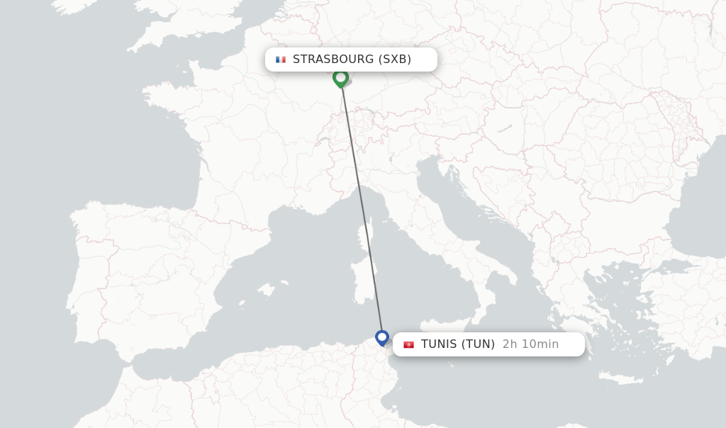 Flights from Strasbourg to Tunis route map