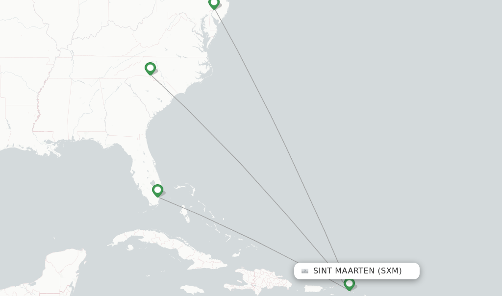 Route map with flights from Sint Maarten with American Airlines