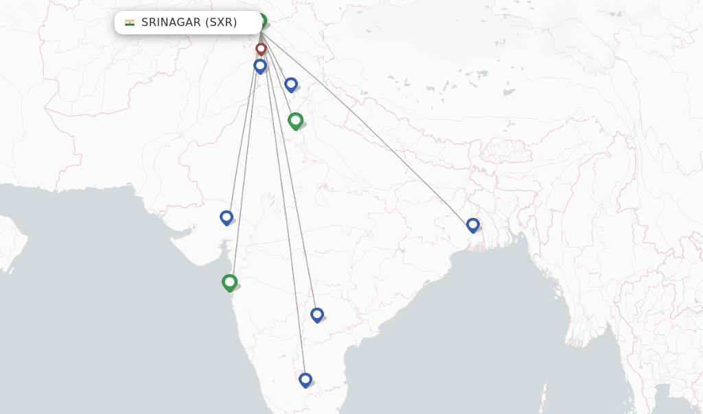 Route map with flights from Srinagar with IndiGo