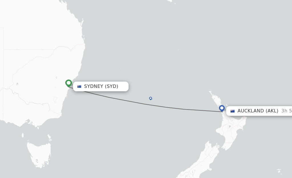 Flights from Sydney to Auckland route map