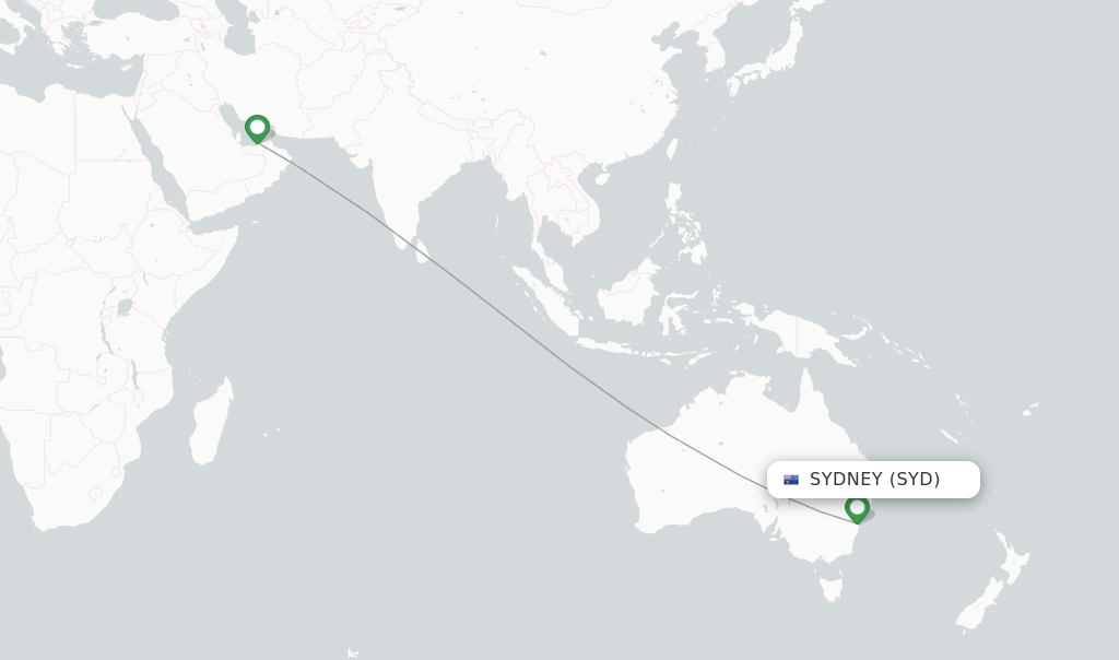 Route map with flights from Sydney with Etihad