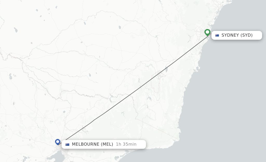 Flights from Sydney to Melbourne route map