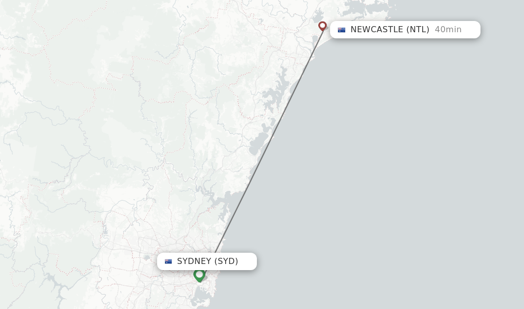 Flights from Sydney to Newcastle route map
