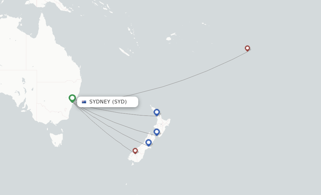 Route map with flights from Sydney with Air New Zealand
