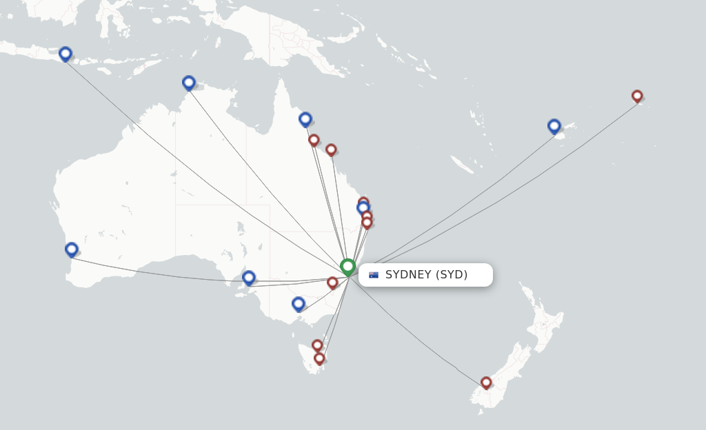 Route map with flights from Sydney with Virgin Australia