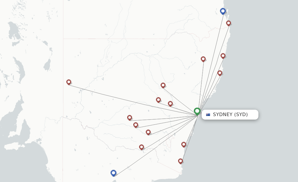 Route map with flights from Sydney with Rex Regional Express