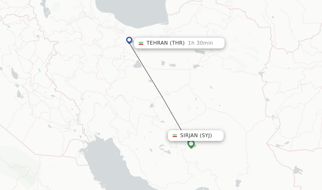 Flights from Sirjan to Tehran route map