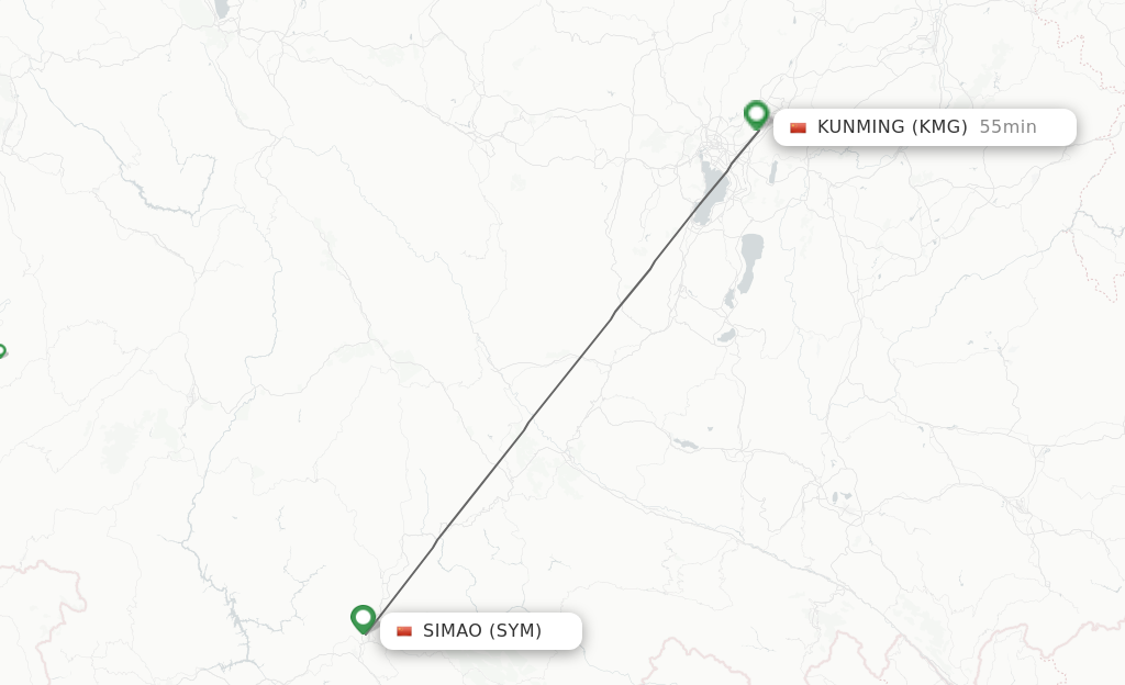 Flights from Pu'er to Kunming route map