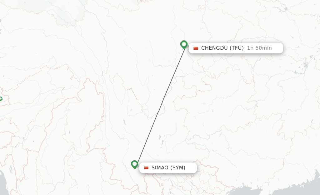 Flights from Pu'er to Chengdu route map