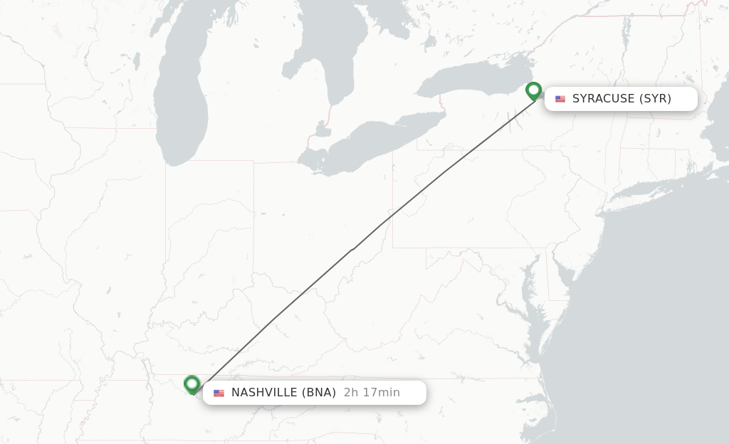 Flights from Syracuse to Nashville route map