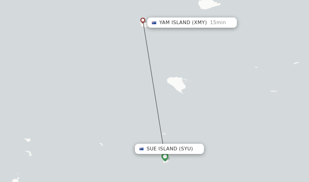 Flights from Sue Island to Yam Island route map