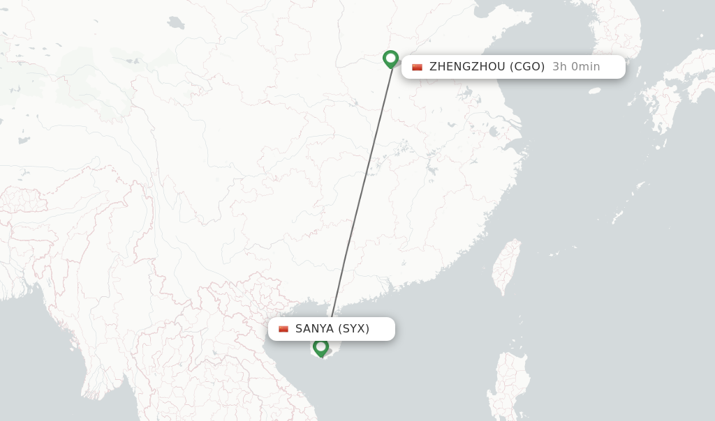 Flights from Sanya to Zhengzhou route map
