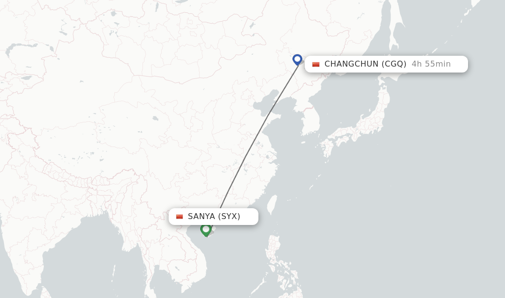 Flights from Sanya to Changchun route map