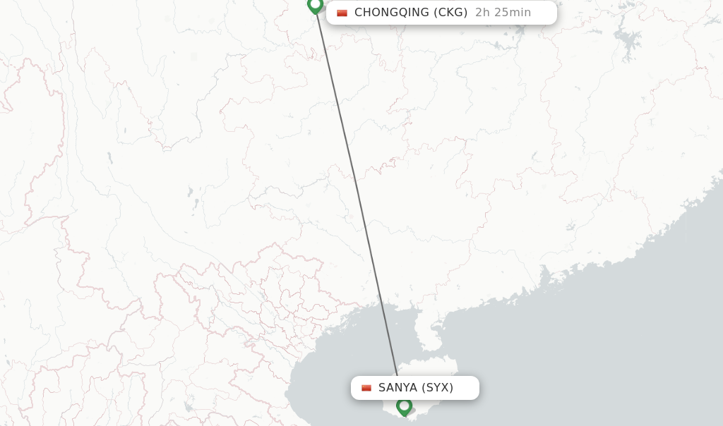 Flights from Sanya to Chongqing route map