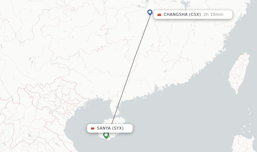 Flights from Sanya to Changsha route map