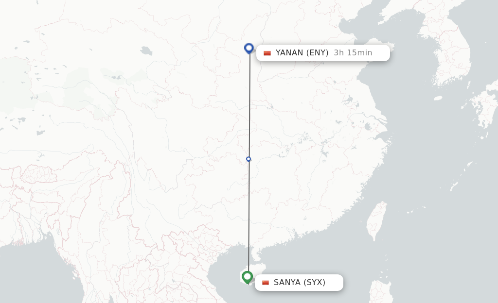 Flights from Sanya to Yan'an route map