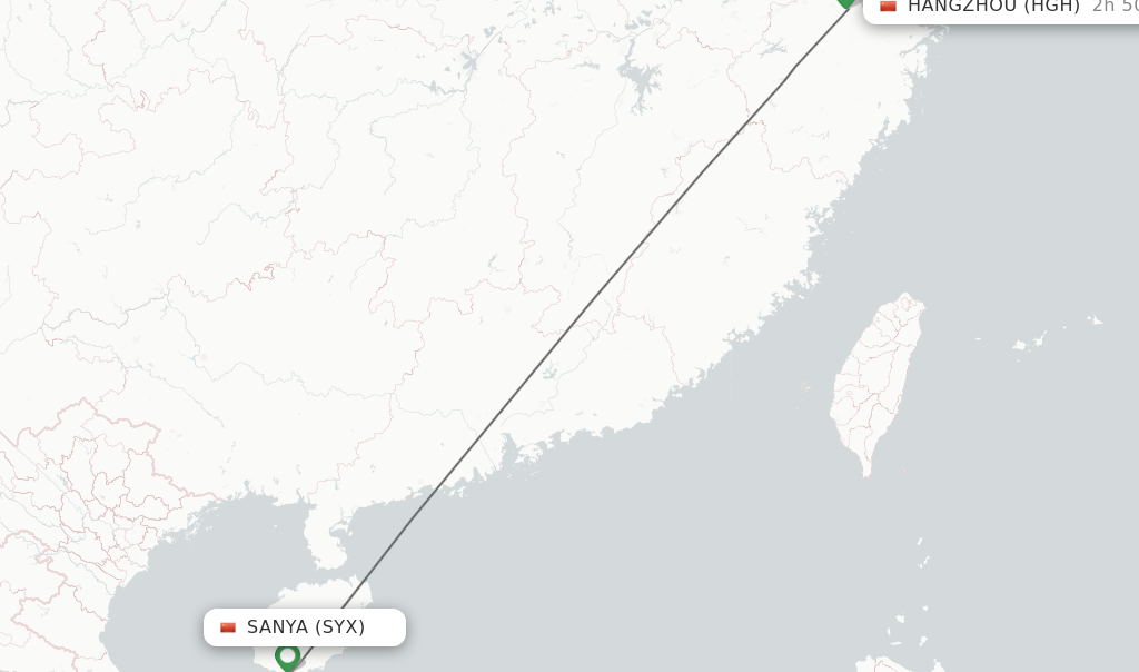 Flights from Sanya to Hangzhou route map