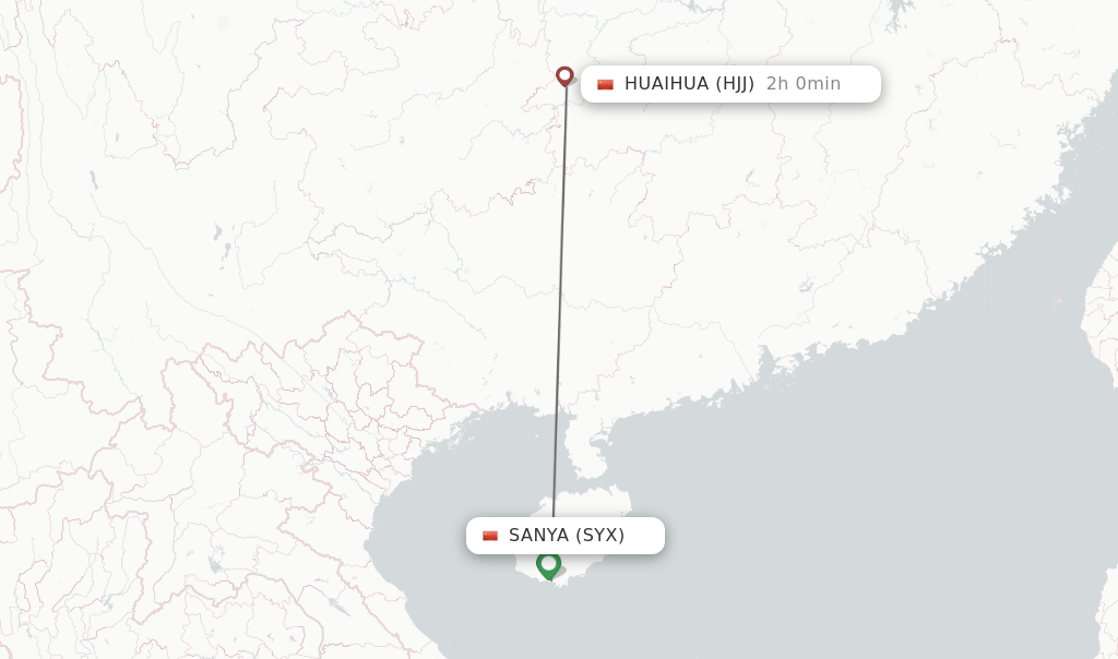 Flights from Sanya to Huaihua route map