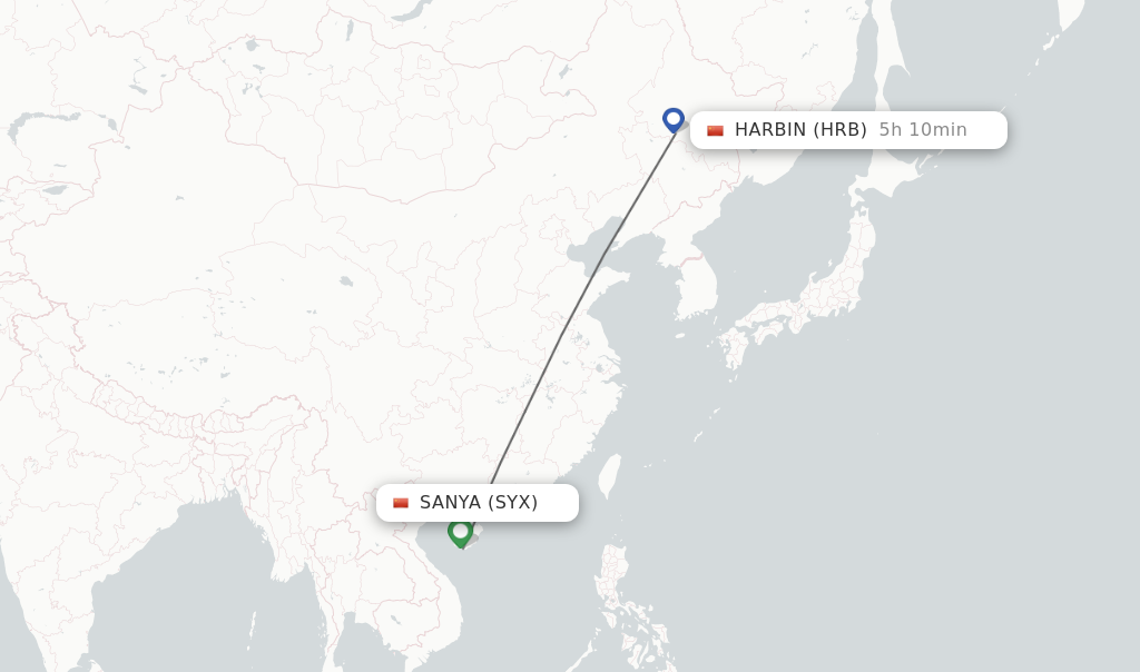Flights from Sanya to Harbin route map