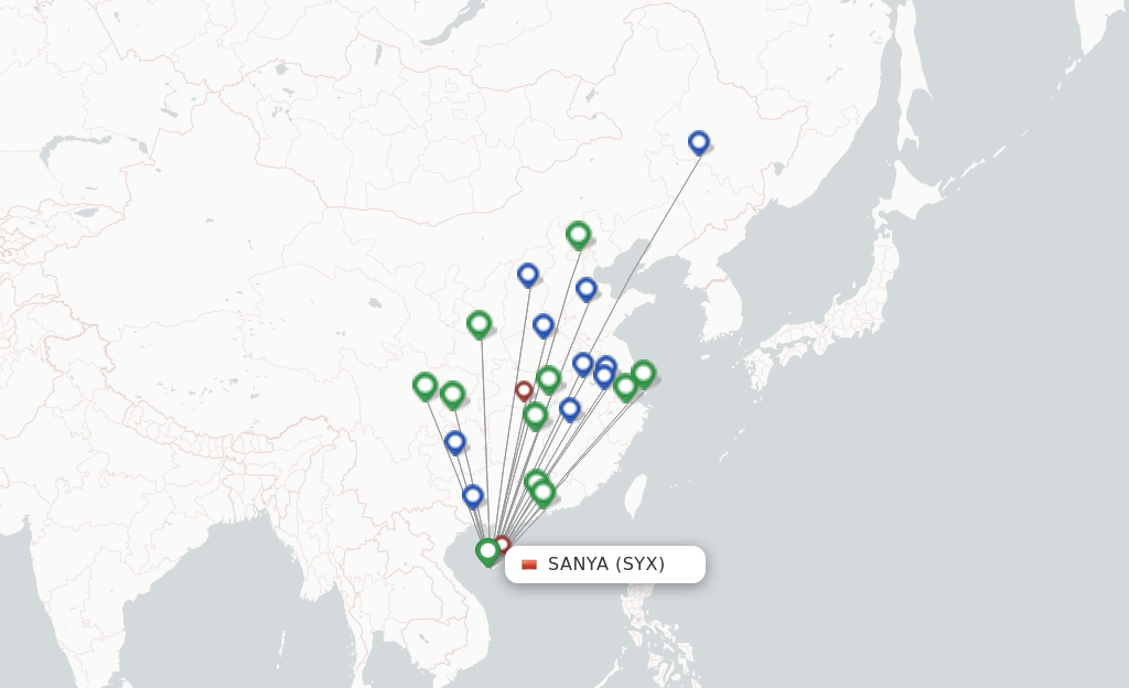 Route map with flights from Sanya with Hainan Airlines