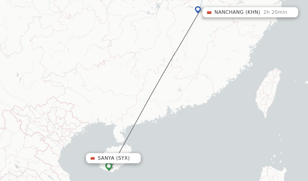 Flights from Sanya to Nanchang route map