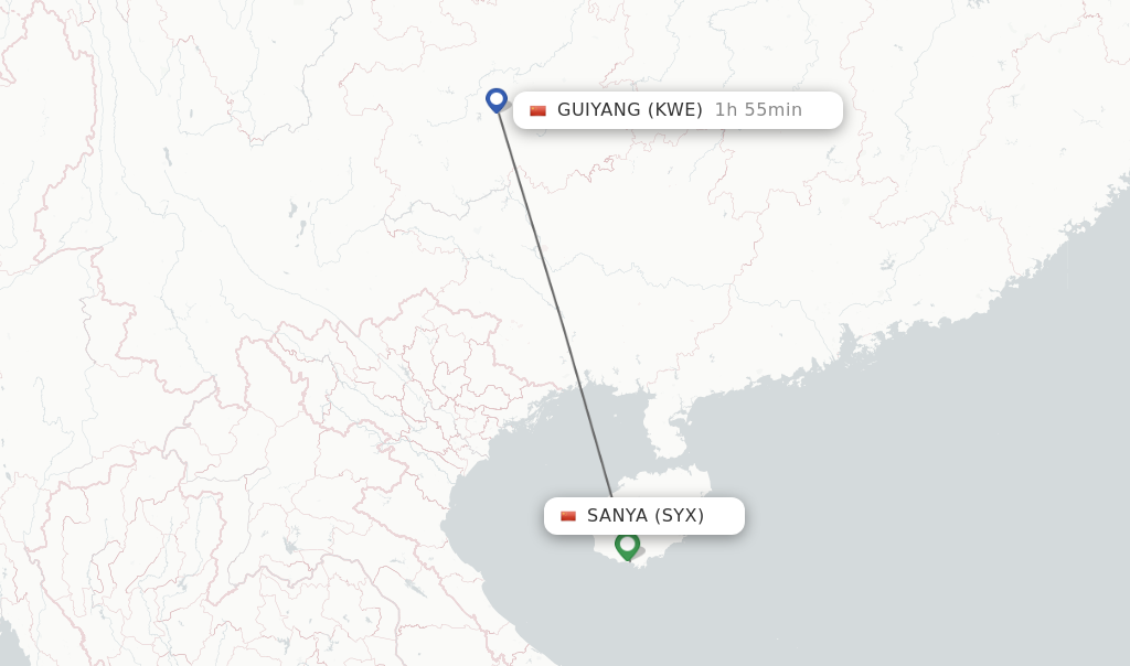 Flights from Sanya to Guiyang route map