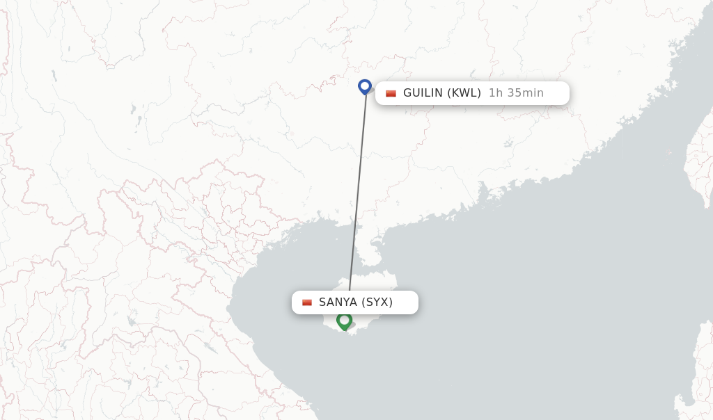 Flights from Sanya to Guilin route map