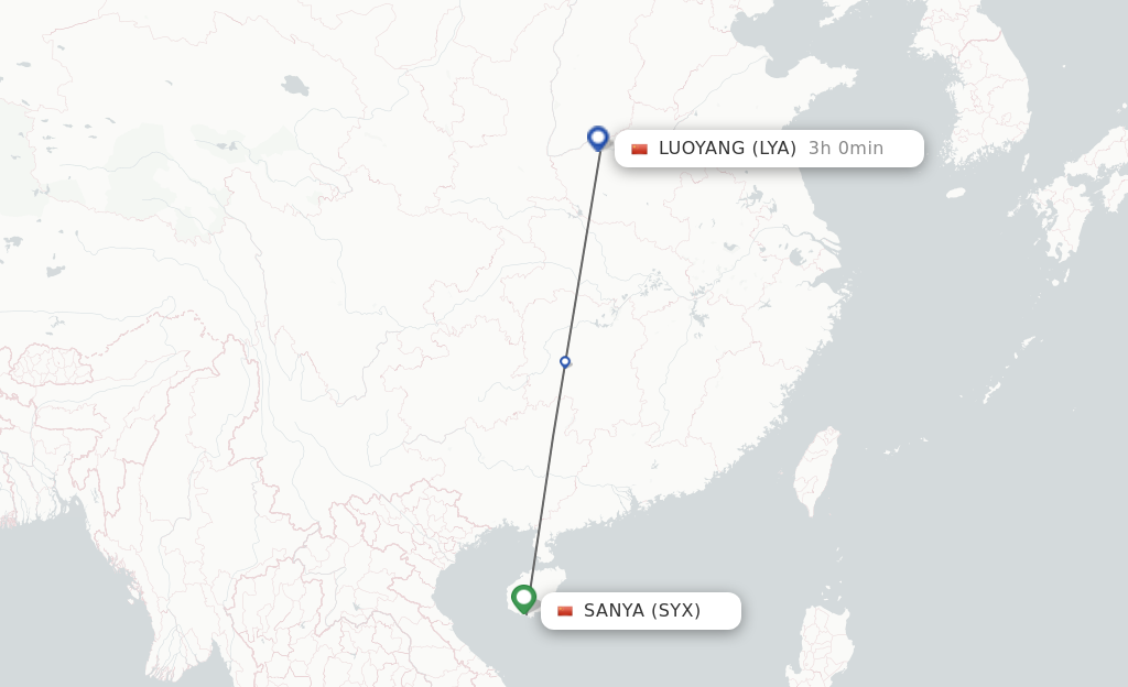 Flights from Sanya to Luoyang route map