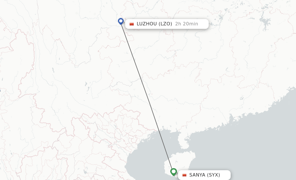 Flights from Sanya to Luzhou route map