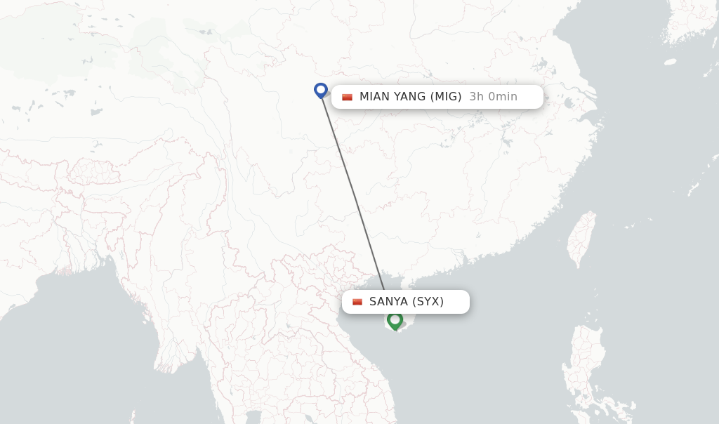 Flights from Sanya to Mian Yang route map