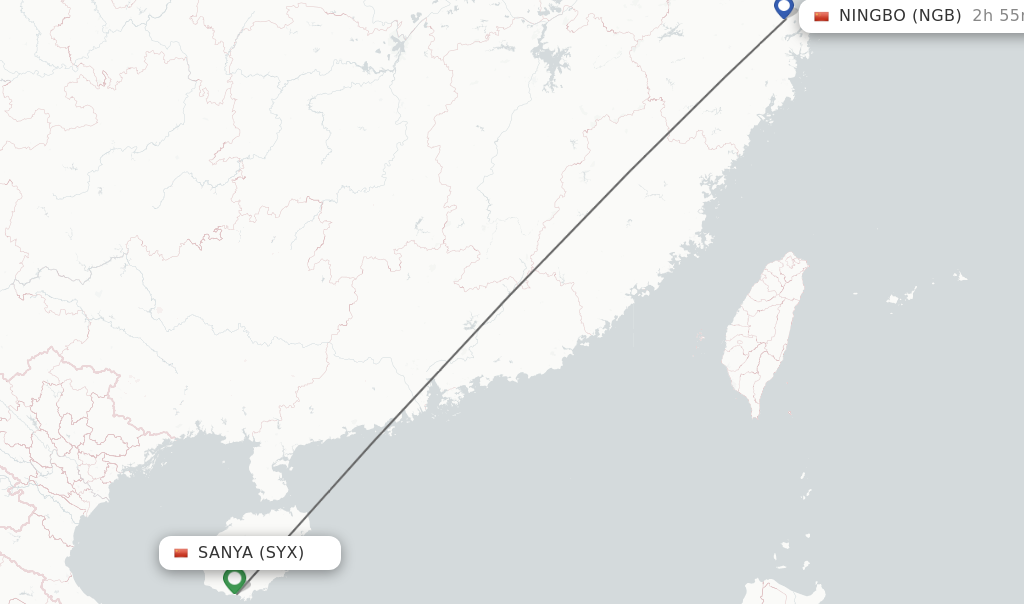 Flights from Sanya to Ningbo route map