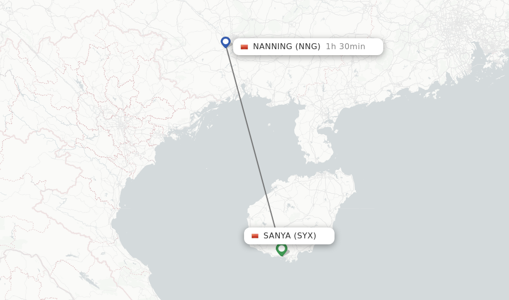 Flights from Sanya to Nanning route map