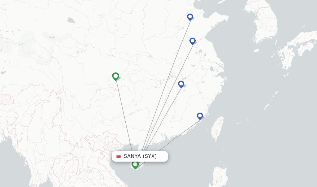 Route map with flights from Sanya with West Air (China)