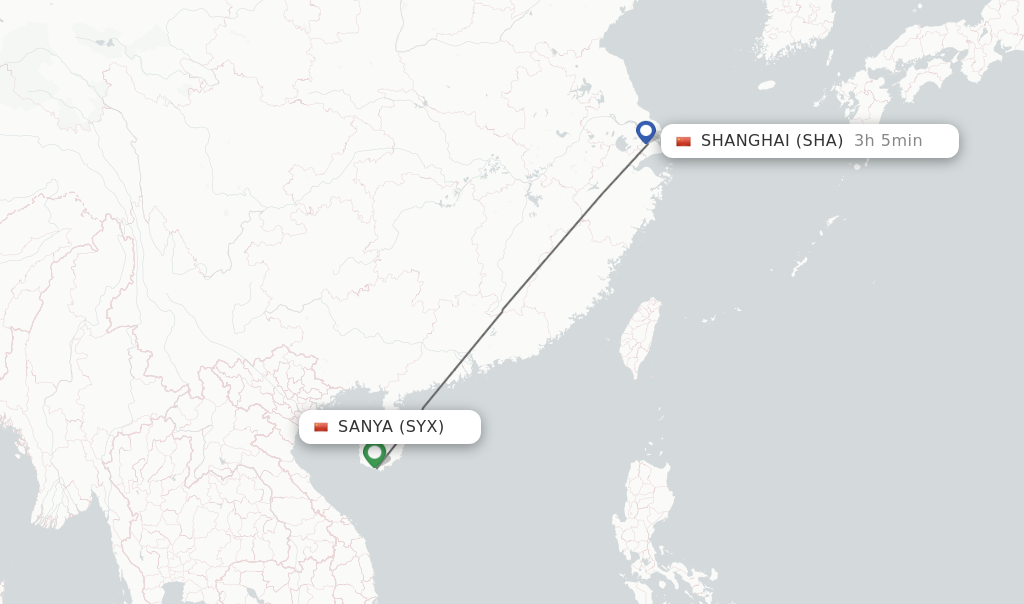 Flights from Sanya to Shanghai route map