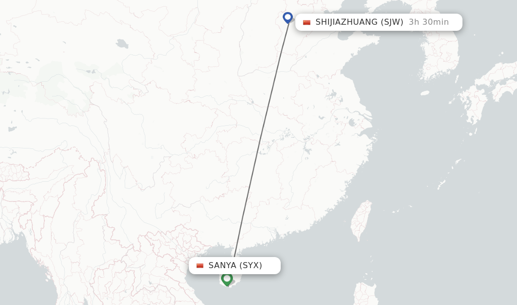 Flights from Sanya to Shijiazhuang route map