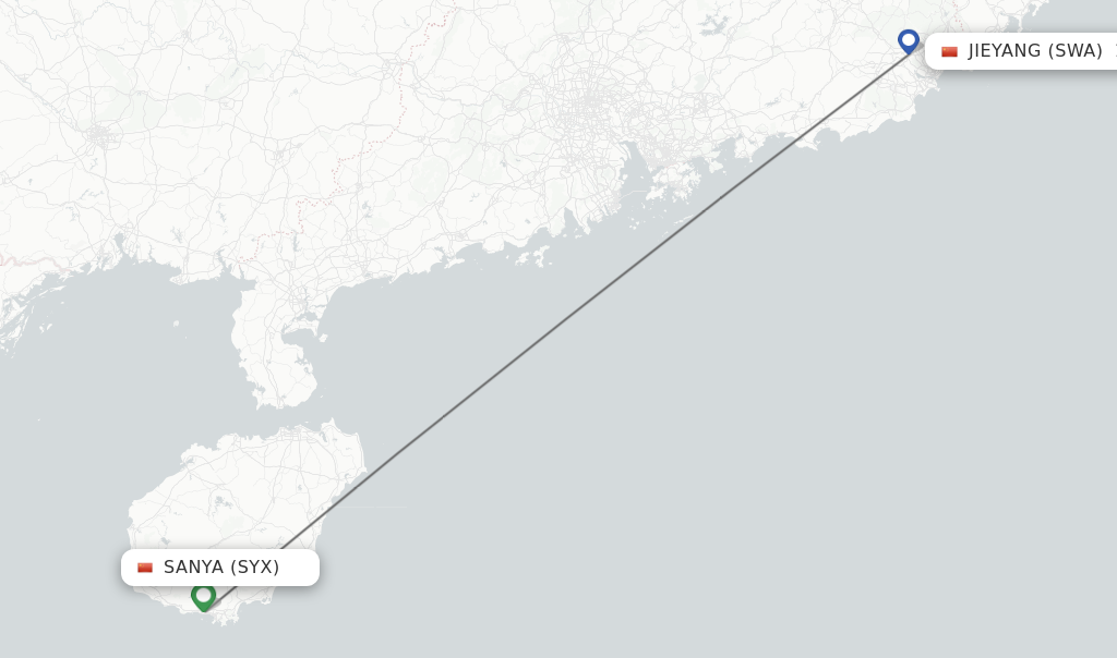 Flights from Sanya to Jieyang route map