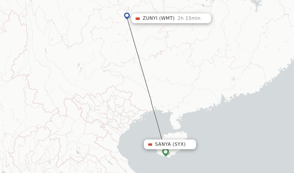Flights from Sanya to Zunyi route map