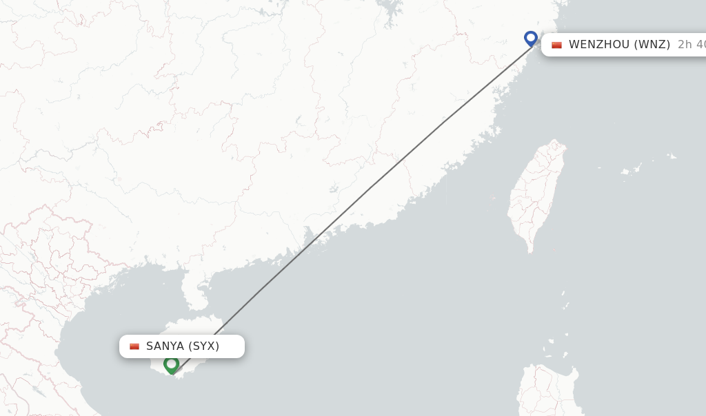Flights from Sanya to Wenzhou route map