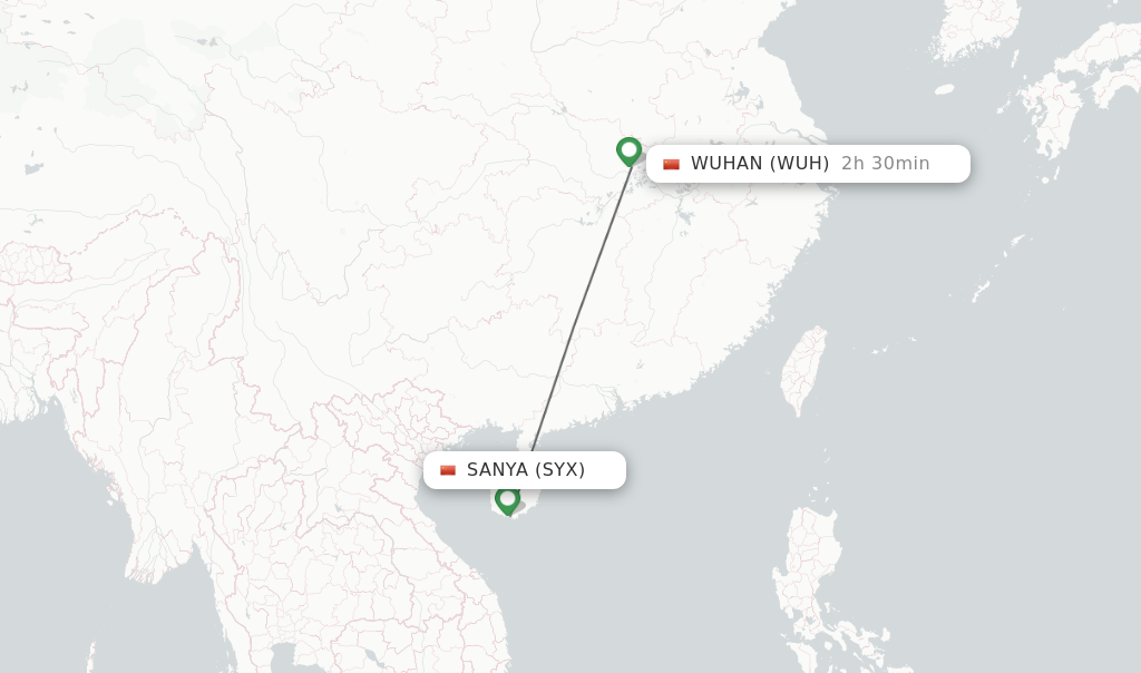 Flights from Sanya to Wuhan route map