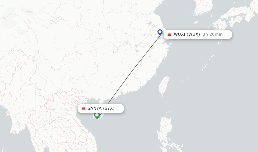 Flights from Sanya to Wuxi route map