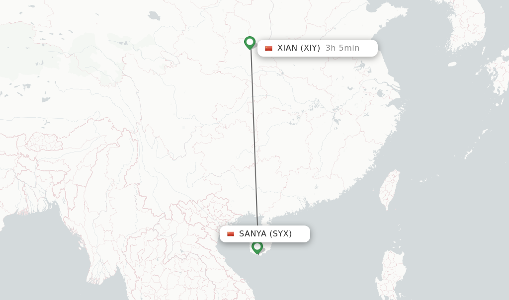 Flights from Sanya to Xian route map