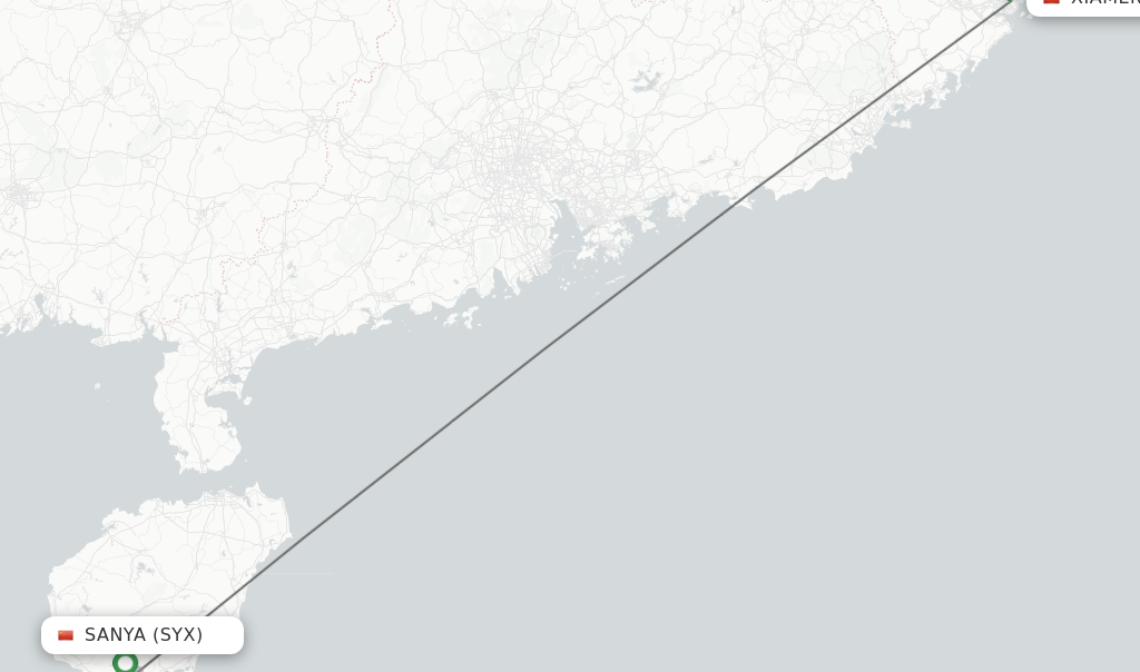 Flights from Sanya to Xiamen route map