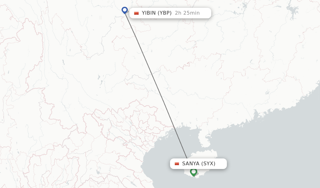 Flights from Sanya to Yibin route map