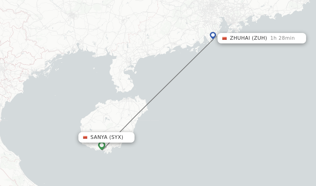 Flights from Sanya to Zhuhai route map